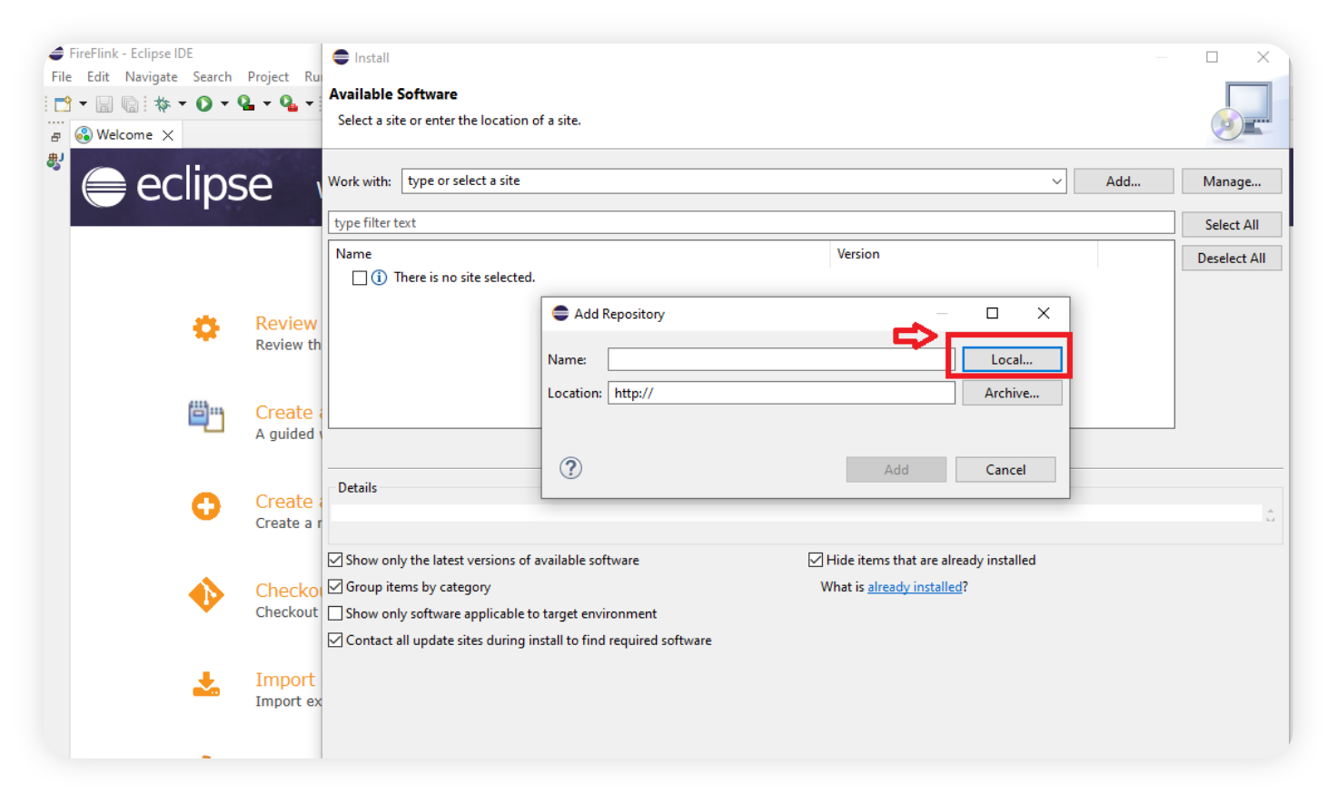 Eclipse Available software Add Local